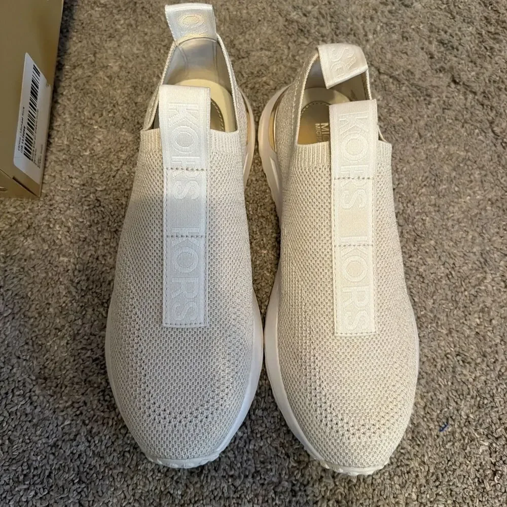 Michael Kors Bodie Slip On Sneakers MET SF Stretch Knit Cream Sz 7 M Gold Accent